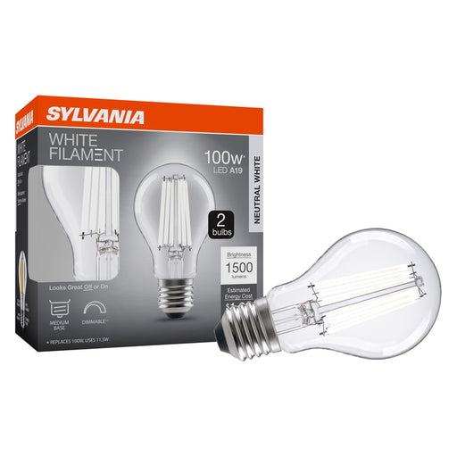 Sylvania LED11.5A19DIM835FILWHRP2 LED A19 Lamp E26 Base 11.5W 3500K 80 CRI 1500Lm Dimmable 120V White Filament Clear Glass 2-Pack Priced Per Each (42579)