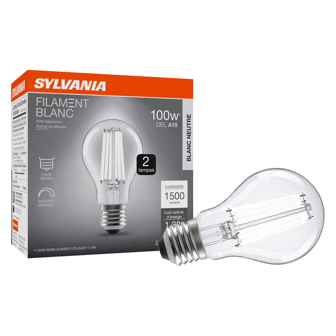 Sylvania LED11.5A19DIM835FILWHRP2 LED A19 Lamp E26 Base 11.5W 3500K 80 CRI 1500Lm Dimmable 120V White Filament Clear Glass 2-Pack Priced Per Each (42579)