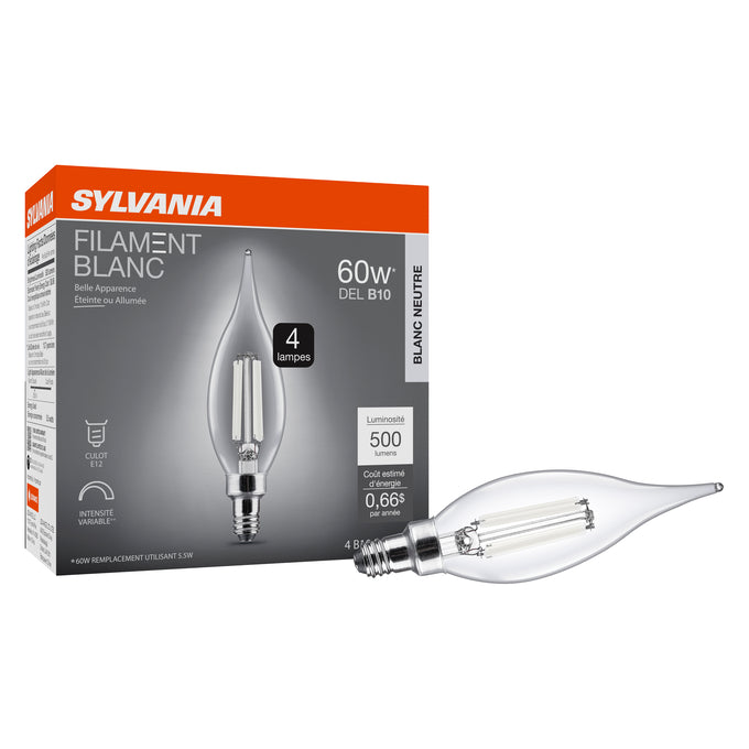 Sylvania LED5.5B10CDIM835FILWHRP4 LED B10 Lamp E12 Base 5.5W 3500K 500Lm 120V 80 CRI Dimmable White Filament Clear Glass 4-Pack Priced Per Each (42580)