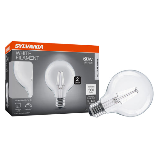 Sylvania LED5G25DIM835FILWHRP2 LED G25 Lamp E26 Base 5W 80 CRI 500Lm Dimmable 3500K 120V White Filament Clear Glass 2-Pack Priced Per Each (42581)