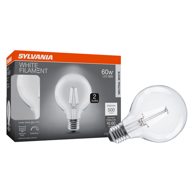 Sylvania LED5G25DIM835FILWHRP2 LED G25 Lamp E26 Base 5W 80 CRI 500Lm Dimmable 3500K 120V White Filament Clear Glass 2-Pack Priced Per Each (42581)