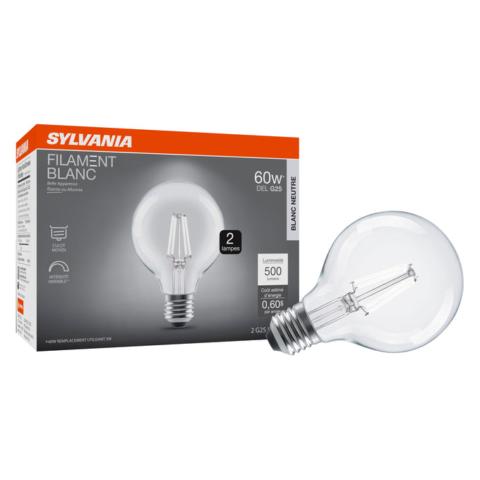 Sylvania LED5G25DIM835FILWHRP2 LED G25 Lamp E26 Base 5W 80 CRI 500Lm Dimmable 3500K 120V White Filament Clear Glass 2-Pack Priced Per Each (42581)