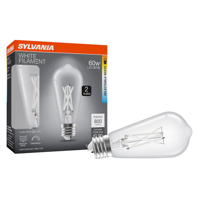 Sylvania LED7.5ST19DIM8SC3FILWHRP2 LED ST19 Lamp E26 Base 7.5W 80 CRI 800Lm Dimmable CCT Selectable 2700K/3000K/3500K/4000/5000K 120V Filament Clear Glass 2-Pack Priced Per Each (42585)