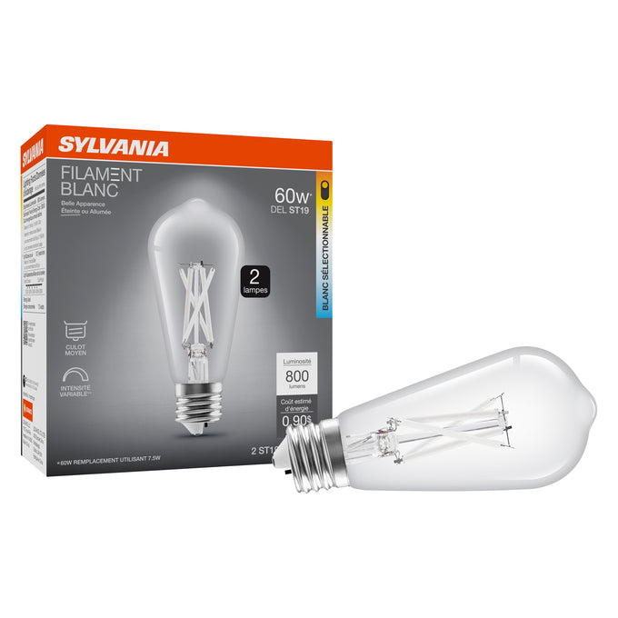 Sylvania LED7.5ST19DIM8SC3FILWHRP2 LED ST19 Lamp E26 Base 7.5W 80 CRI 800Lm Dimmable CCT Selectable 2700K/3000K/3500K/4000/5000K 120V Filament Clear Glass 2-Pack Priced Per Each (42585)