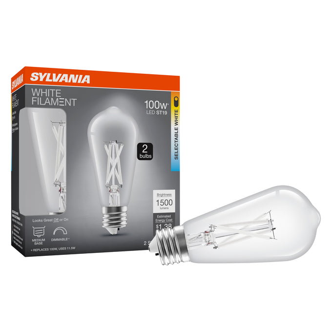 Sylvania LED11.5ST19DIM8SC3FILWHRP2 LED ST19 Lamp E26 Base 11.5W CCT Selectable 2700K/3000K/3500K/4000K/5000K 80 CRI 1500Lm Dimmable 20V Filament Clear Glass 2-Pack Priced Per Each (42586)