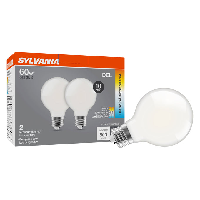 Sylvania LED5G25DIMF8SC310YVRP2 LED G25 Lamp E26 Base 5W 500Lm 90 CRI CCT Selectable 2700K/3000K/3500K/4000K/5000K 120V Frosted Finish 2-Pack Priced Per Each (42591)