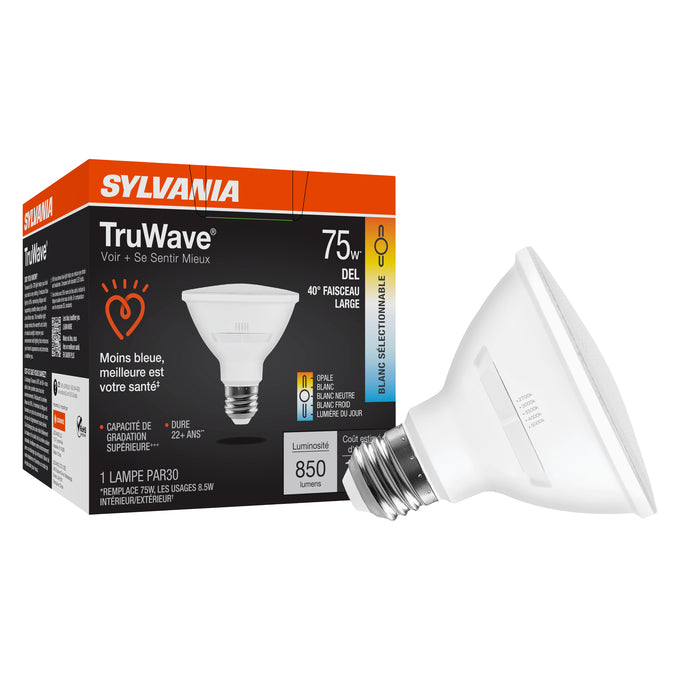Sylvania LED8.5PAR30DIM9SC3TLFL40 LED Natural TruWave PAR30SN E26 Base 8.5W Dimmable 90 CRI 850Lm CCT Selectable 2700K/3000K/3500K/4000/5000K 120V Clear Finish (42595)