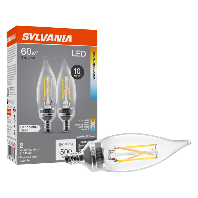 Sylvania LED5B10CDIMCL8SC3RP2 LED B10 Lamp E12 Base 5W CCT Selectable 2700K/3000K/3500K/4000K/5000K 500Lm 80 CRI 120V Clear Finish 2-Pack Priced Per Each (42597)
