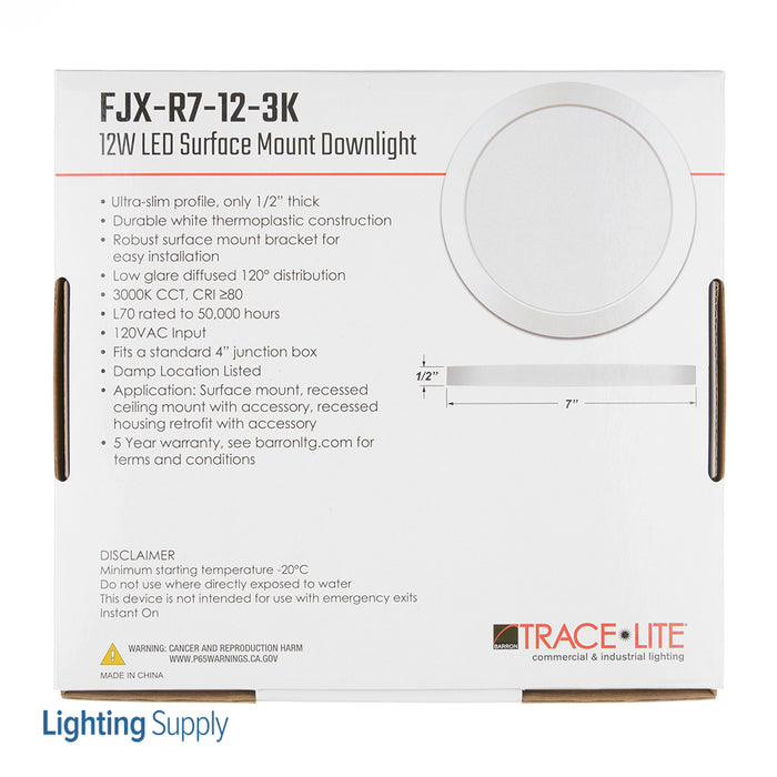 Trace-Lite LED Surface Mount Downlight 7 Inch 12W 120VAC 3000K White Finish (FJX-R7-12-3K)