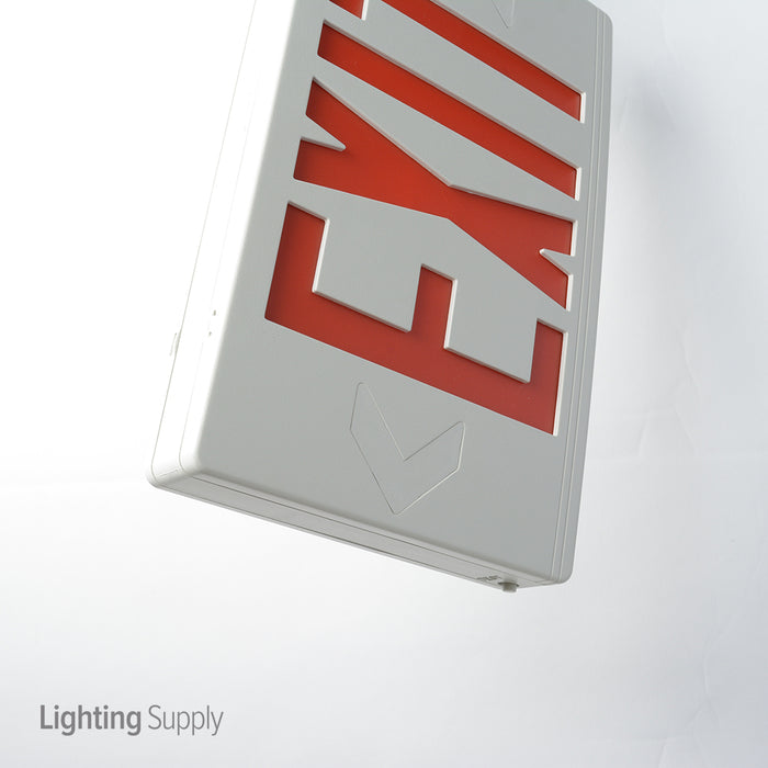 Exitronix Thermoplastic LED Exit Sign Universal Red Letters Nickel Cadmium Battery White Finish With Mounting Canopy Damp Rated (VEX-U-BP-WB-WH)