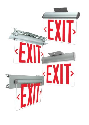Exitronix Universal LED Edge-Lit Exit Sign With 1 Red On Clear Single Face Panel-1 Red On Mirror Double Face Panel Red Letters Nickel Cadmium Battery (S900U-WB-SR-R-AG)