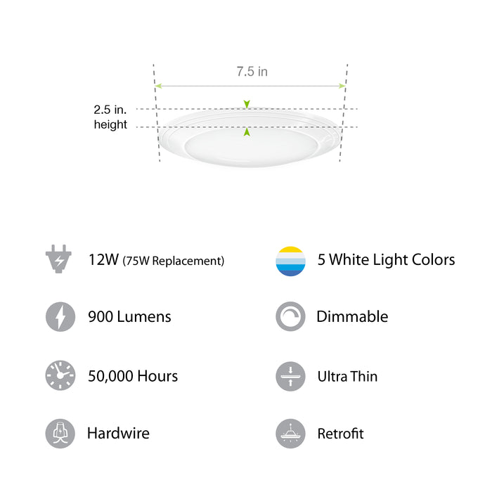 Feit Electric 7.5 Inch 12W [75W Equivalent] CCT Selectable 3000K/3500K/4000K/5000K/6500K Round LED Ceiling Downlight White (74006/6WYCA)