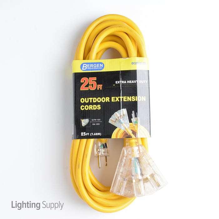 Bergen Extension Cord 25 Foot SJTW Yellow 12/3 Lighted End Triple Tap (OC251233T)