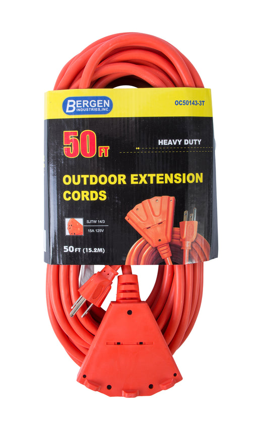 Bergen Extension Cord 50 Foot SJTW Orange 14/3 Triple Tap (OC501433T)
