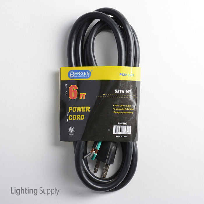 Bergen Power Supply SJTW Black 6 Foot 14/3 15A Straight Plug (PS615143)
