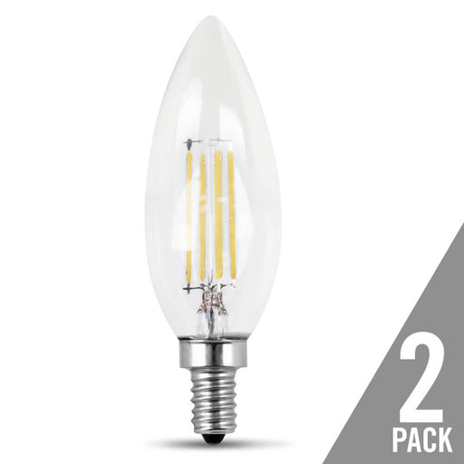 Feit Electric Filament LED 40W Equivalent Dimmable Torpedo Tip Candelabra Base Clear Decorative Bulb 300Lm 2700K Bulb 2-Pack (BPCTC40/827/LED/2)