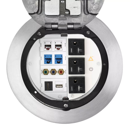 Bryant Hubbell Premise Wiring S1R Fire Rated Poke Throughs 6 Inch Series Sub Plate 50 Percent Right Side 3X20A Tamper-Resistant Receptacle 18 Inch Leads (S1R6SP3RTR)