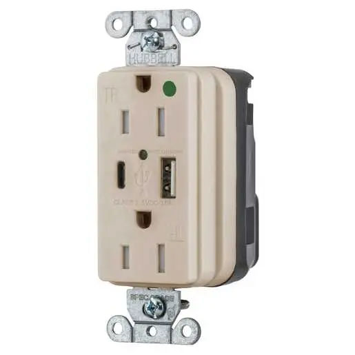 Bryant Hubbell Wiring Device-Kellems USB Charger Hospital Grade SNAPConnect 15A 125V Duplex Receptacle 5A-A And C Charger Ports Light Almond (SNAP8200UACLA)