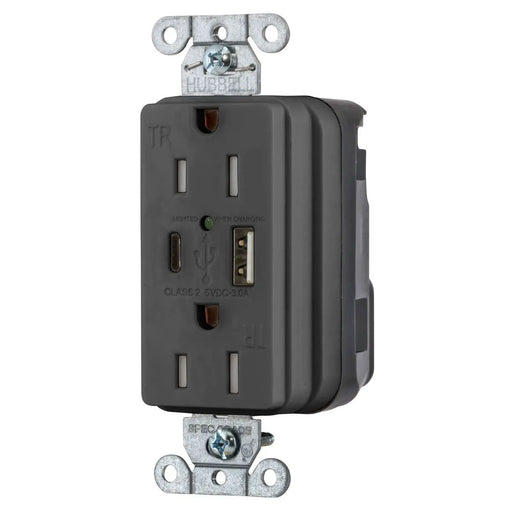 Bryant Hubbell Wiring Device-Kellems USB Charger SNAPConnect 15A 125V Duplex Receptacle 5A Port One Type A/One Type C Black (SNAP15UACBK)