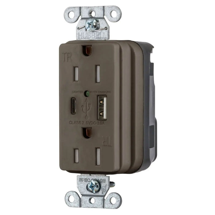 Bryant Hubbell Wiring Device-Kellems USB Charger SNAPConnect 15A 125V Duplex Receptacle 5A Port One Type A/One Type C Brown (SNAP15UAC)