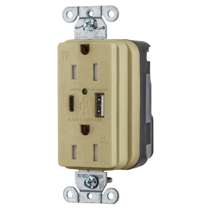 Bryant Hubbell Wiring Device-Kellems USB Charger SNAPConnect 15A 125V Duplex Receptacle 5A Port One Type A/One Type C Ivory (SNAP15UACI)