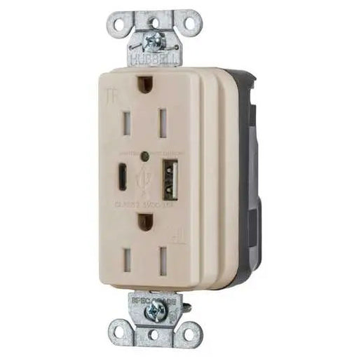 Bryant Hubbell Wiring Device-Kellems USB Charger SNAPConnect 15A 125V Duplex Receptacle 5A Port One Type A/One Type C Light Almond (SNAP15UACLA)