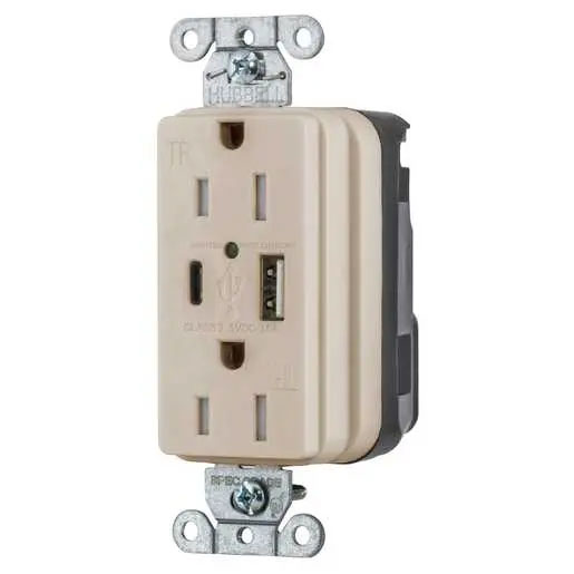 Bryant Hubbell Wiring Device-Kellems USB Charger SNAPConnect 15A 125V Duplex Receptacle 5A Port One Type A/One Type C Light Almond (SNAP15UACLA)