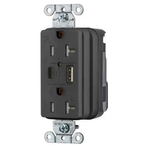 Bryant Hubbell Wiring Device-Kellems USB Charger SNAPConnect 20A 125V Duplex Receptacle 5A Port One Type A/One Type C Black (SNAP20UACBK)