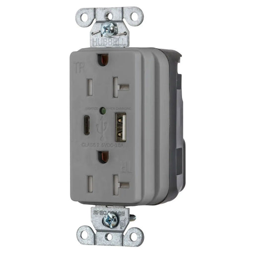 Bryant Hubbell Wiring Device-Kellems USB Charger SNAPConnect 20A 125V Duplex Receptacle 5A Port One Type A/One Type C Gray (SNAP20UACGY)