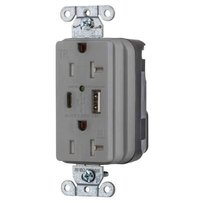 Bryant Hubbell Wiring Device-Kellems USB Charger SNAPConnect 20A 125V Duplex Receptacle 5A Port One Type A/One Type C Gray (SNAP20UACGY)