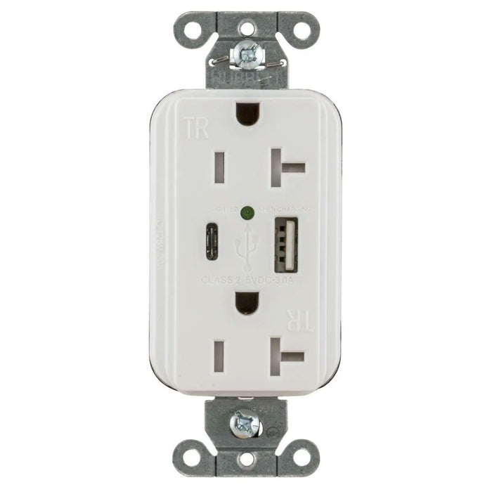 Bryant Hubbell Wiring Device-Kellems USB Charger SNAPConnect 20A 125V Duplex Receptacle 5A Port One Type A/One Type C White (SNAP20UACW)