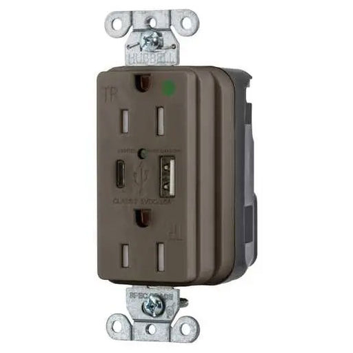 Bryant Hubbell Wiring Device-Kellems USB Charger SNAPConnect Hospital Grade 15A 125V Duplex Receptacle 5A-A And C Charger Ports Brown (SNAP8200UAC)