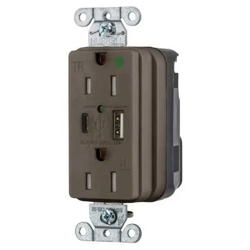 Bryant Hubbell Wiring Device-Kellems USB Charger SNAPConnect Hospital Grade 15A 125V Duplex Receptacle 5A-A And C Charger Ports Brown (SNAP8200UAC)