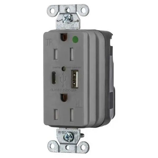 Bryant Hubbell Wiring Device-Kellems USB Charger SNAPConnect Hospital Grade 15A 125V Duplex Receptacle 5A-A And C Charger Ports Gray (SNAP8200UACGY)