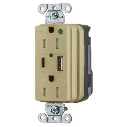 Bryant Hubbell Wiring Device-Kellems USB Charger SNAPConnect Hospital Grade 15A 125V Duplex Receptacle 5A-A And C Charger Ports Ivory (SNAP8200UACI)