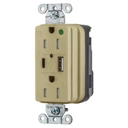 Bryant Hubbell Wiring Device-Kellems USB Charger SNAPConnect Hospital Grade 15A 125V Duplex Receptacle 5A-A And C Charger Ports Ivory (SNAP8200UACI)