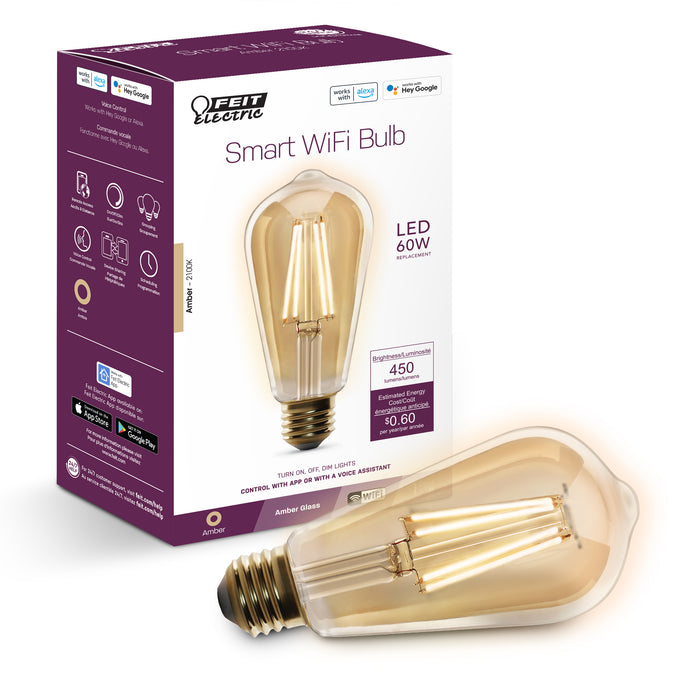 Feit Electric 5W [60W Equivalent] Amber 2100K Vintage ST19 Smart Wi-Fi LED Light Bulb (ST1960/FIL/AG)