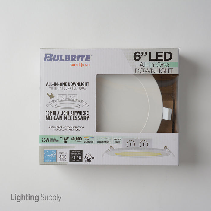 Bulbrite LED11JBOXDL/6/827/WHRD/D 11.6W LED 6 Inch Flat Downlight With Junction Box White Round Dimmable 2700K 120V (773125)