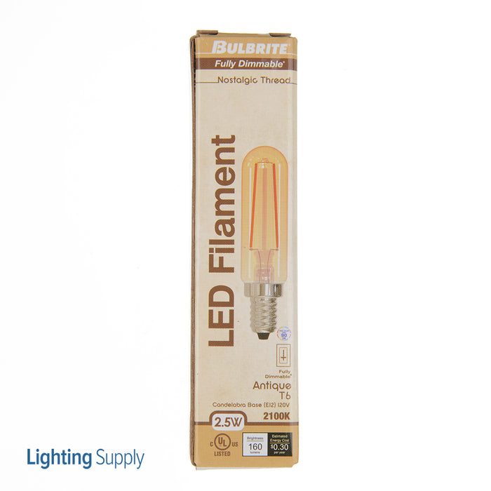 Bulbrite LED2T6/21K/FIL-NOS/3 2.5W LED T6 2100K Filament Nostalgic E12 Fully Compatible Dimming (776904)