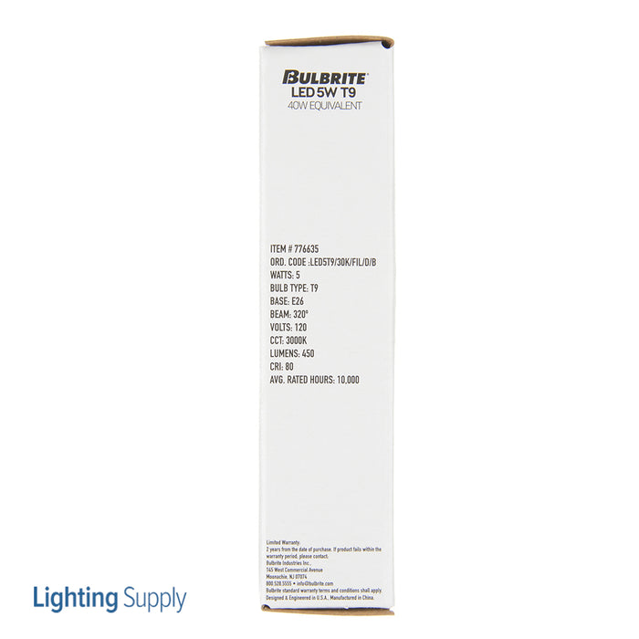 Bulbrite LED5T9/30K/FIL/D/B 5W LED T9 3000K Dimmable Filament Basics (776635)