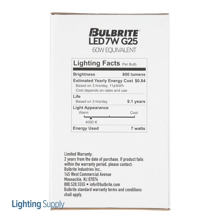 Bulbrite LED7G25/40K/FIL/D/B 7W LED G25 4000K Filament Medium E26 Base Dimmable (776632)