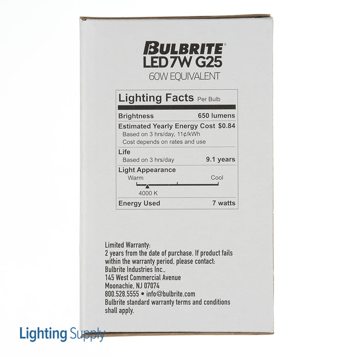 Bulbrite LED7G25/40K/FIL/M/D/B 7W LED G25 4000K Filament Milky Medium E26 Base Dimmable (776633)