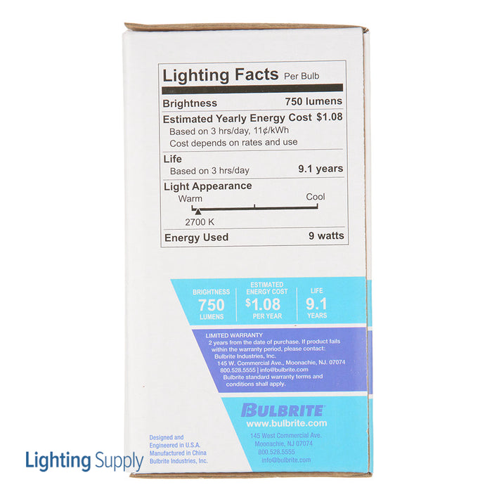 Bulbrite LED9A19/B60W/827/1P 9W LED A19 60W Equivalent 2700K Medium E26 Base 80 CRI 120V Non-Dimmable (774230)