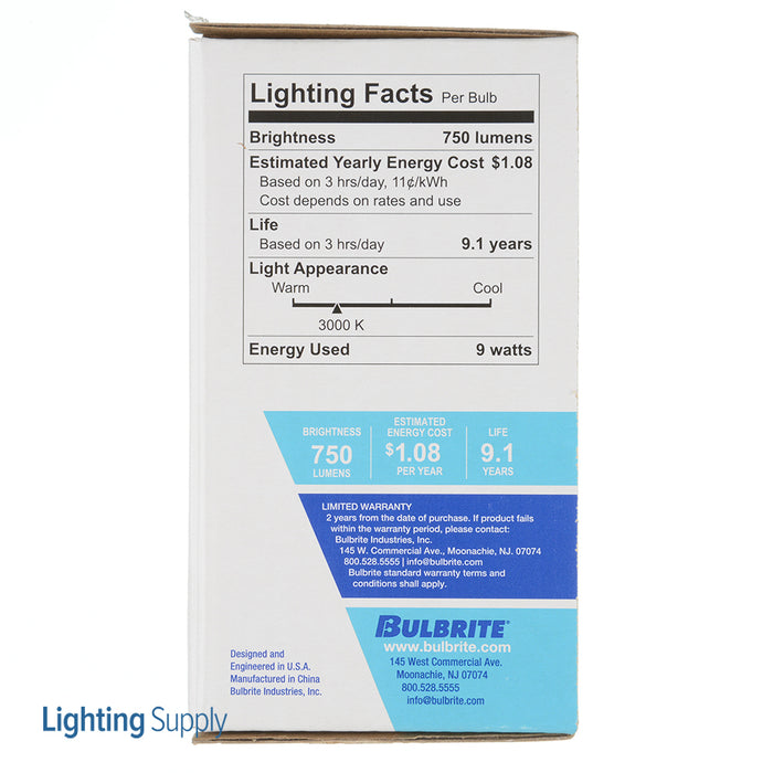 Bulbrite LED9A19/B60W/830/1P 9W LED A19 60W Equivalent 3000K Medium E26 Base 80 CRI 120V Non-Dimmable (774231)