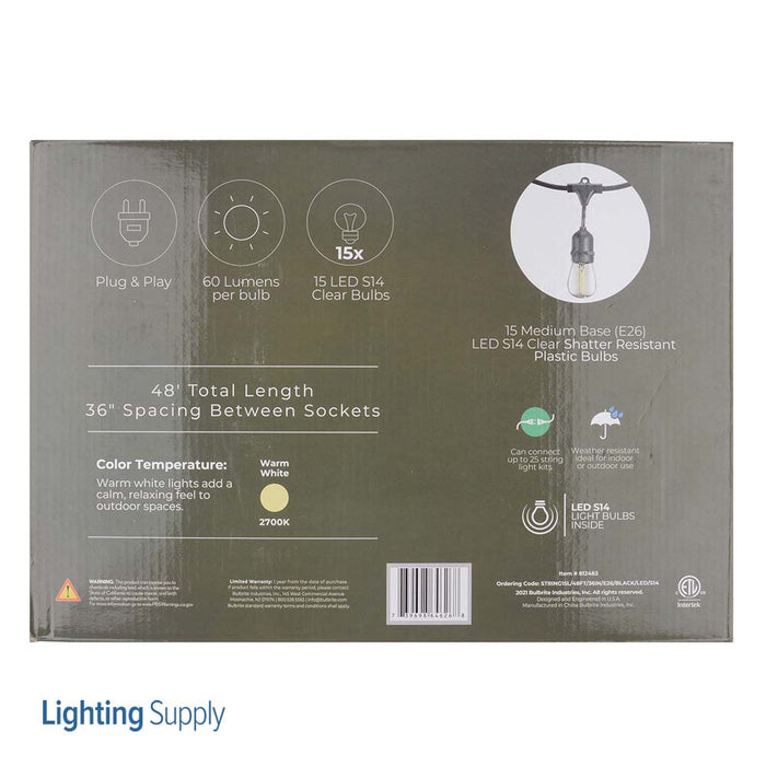 Bulbrite STRING15L/48FT/36IN/E26/BLACK/LED/S14 48 Foot String Light 15 Sockets 36 Inch Spacing E26 Base Black Kit With 1W Plastic LED S14 Clear Lamps (812483)