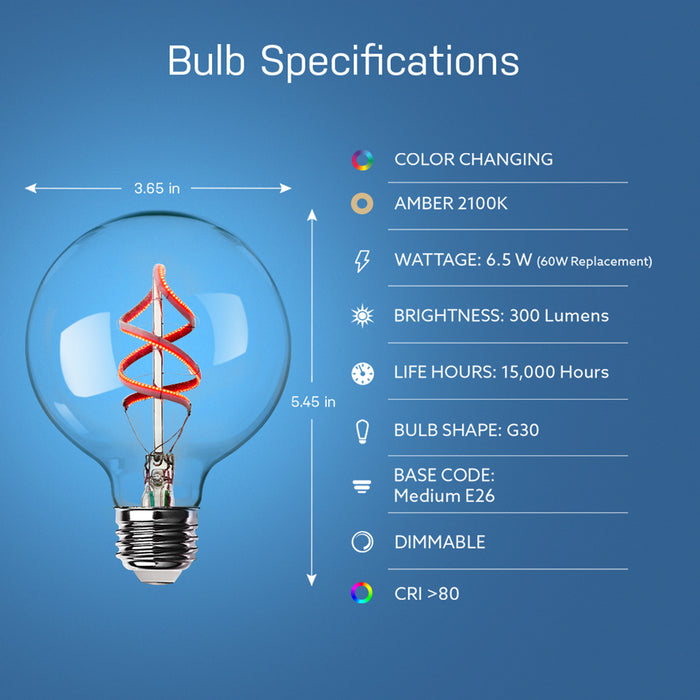 Feit Electric 6W [60W Equivalent] G30 E26 Base Dimmable Color Changing Spiral Filament Vintage Decorative Smart Wi-Fi LED Light Bulb (G3060/RGBW/FIL/AG/RP)