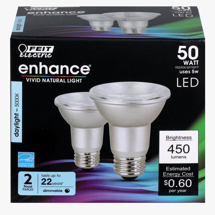 Feit Electric 5W Daylight 5000K E26 Base PAR20 Dimmable Enhance Reflector LED Bulb 2-Pack (PAR20DM/950CA/2)