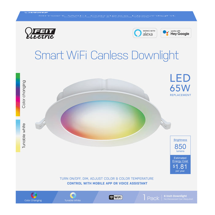 Feit Electric 6 Inch 15W [65W Equivalent] Tethered J-Box Smart Canless LED Downlight CCT Selectable 2700K-6500K (LEDR6XT/RGBW/CA/AG)