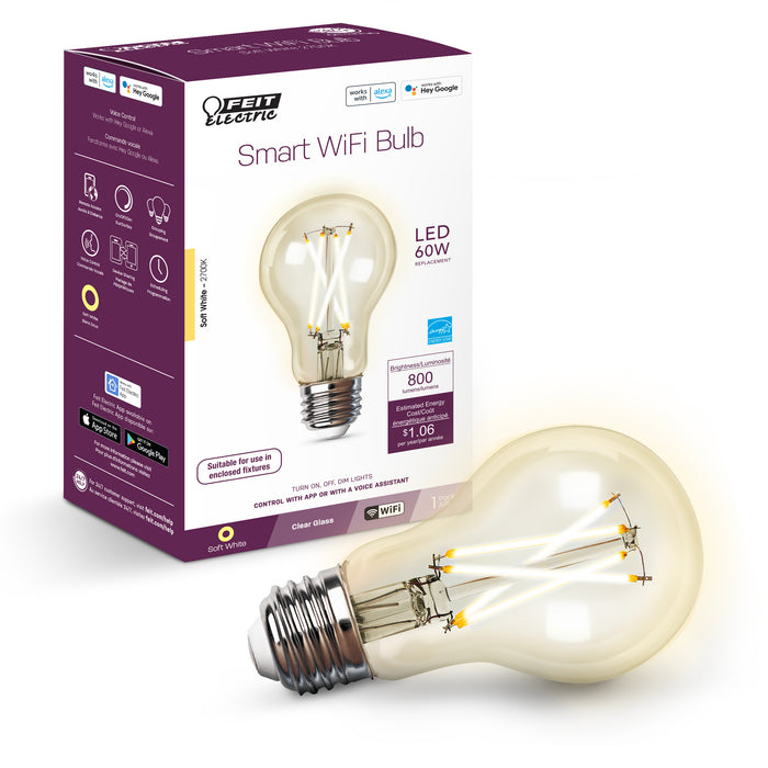 Feit Electric 8.8W [60W Equivalent] Soft White 2700K E26 Base Vintage A19 Dimmable Filament Alexa Google Smart Bulb (A1960CL/927CA/FIL/AG)