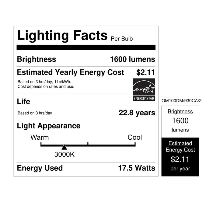 Feit Electric 17.5W Warm White 3000K A19 E26 Base Dimmable Enhance LED Bulb 2-Pack (OM100DM/930CA/2)